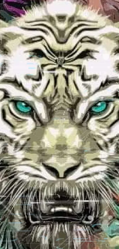 Abstract colorful wallpaper featuring a white tiger with blue eyes.