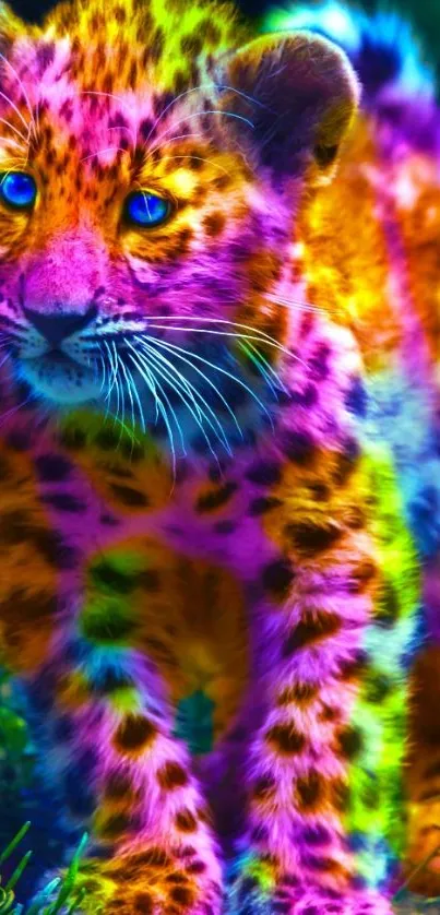 Vibrant rainbow-colored tiger cub art wallpaper for mobile screens.