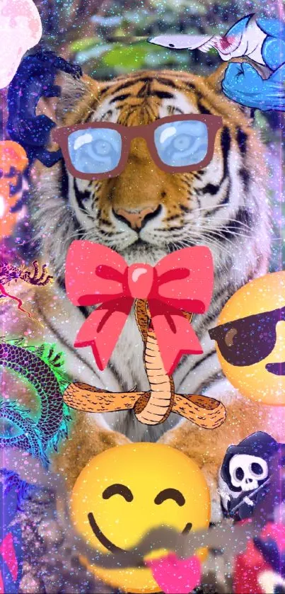 Tiger with sunglasses and emojis on vibrant wallpaper.