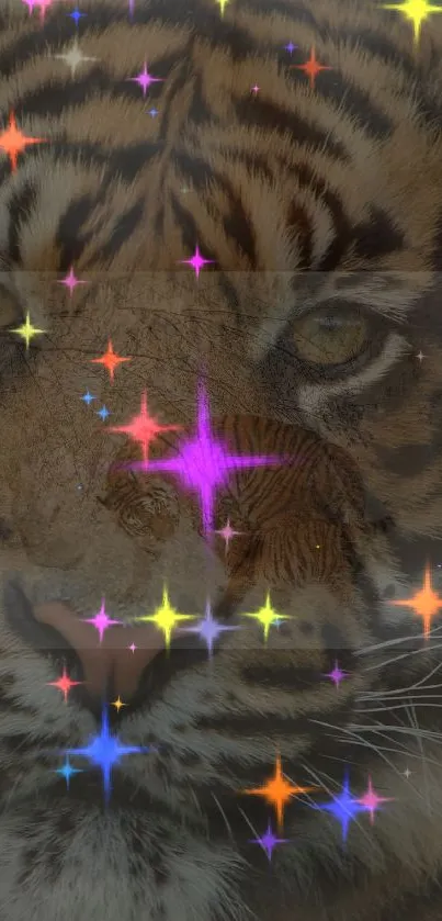 Tiger face with colorful stars on wallpaper.