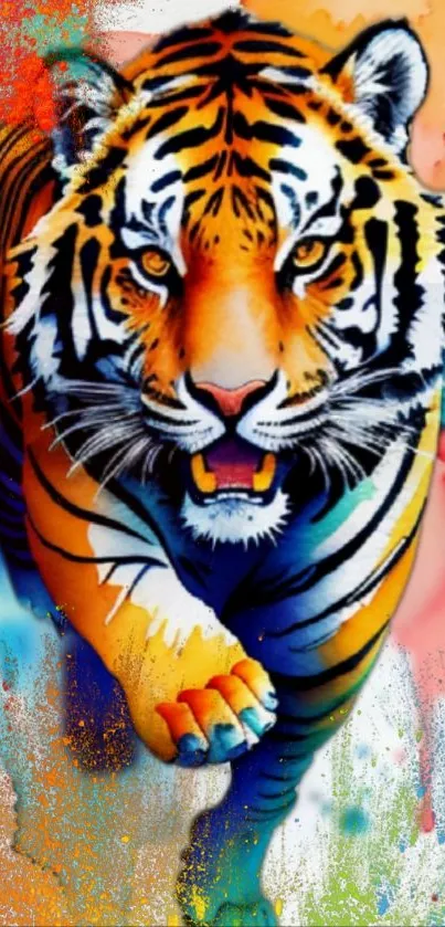 Vibrant watercolor tiger artwork with colorful splashes