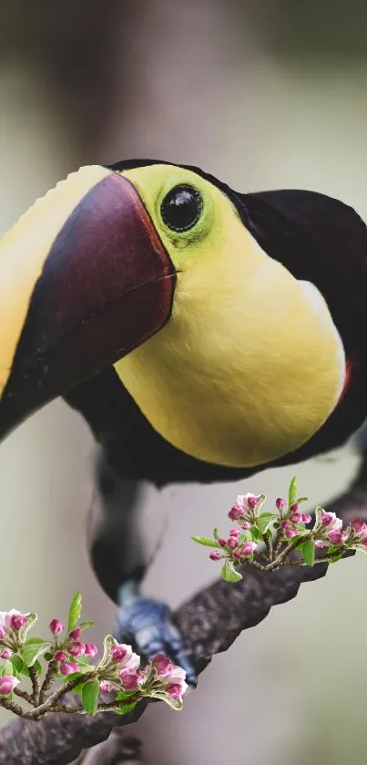 Vibrant toucan perched on a branch with delicate pink flowers.