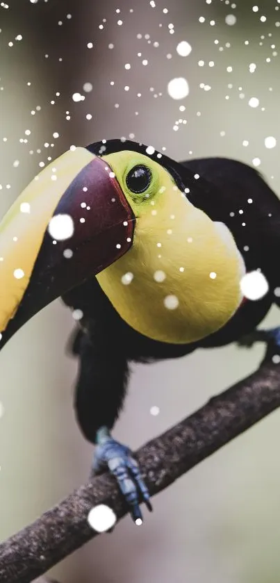 A toucan with vibrant plumage perched on a branch, perfect for nature wallpaper.