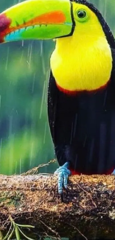 Vibrant toucan on branch with green background.