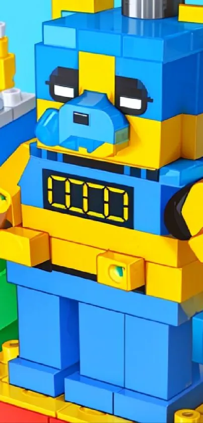 Colorful toy block character with blue and yellow hues.