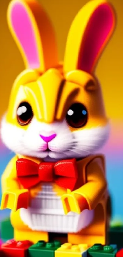 Colorful toy bunny with yellow and pink hues on Lego blocks.