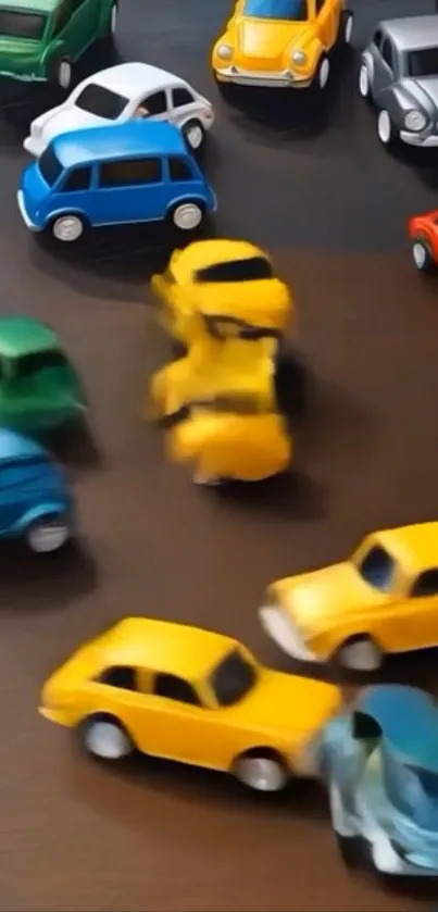 Colorful toy cars scattered on a surface.