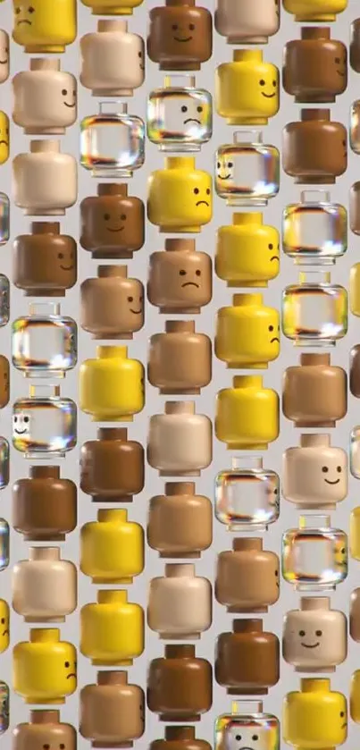 Colorful toy head pattern wallpaper with vibrant yellow, brown, and beige hues.