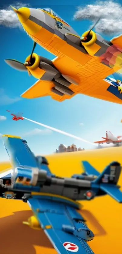 LEGO planes soar in a colorful sky.