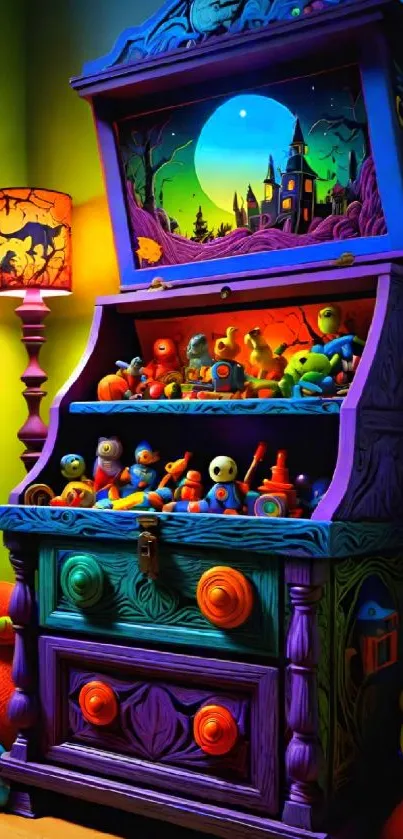 Vibrant shelf of toys with a moonlit background castle.