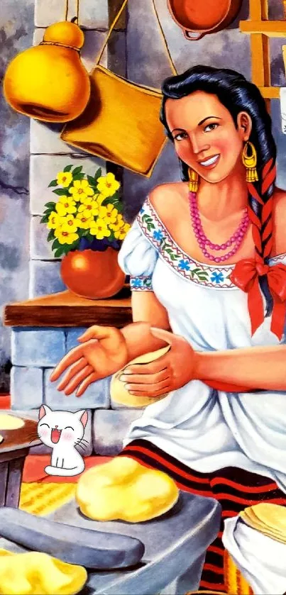 Colorful traditional scene with woman cooking and cat.