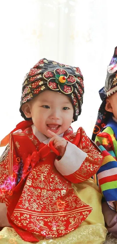 Children in colorful Korean hanbok sitting on a carpet.