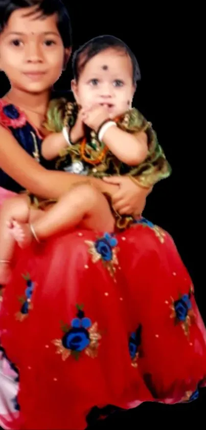 Children in vibrant traditional attire with red dresses.