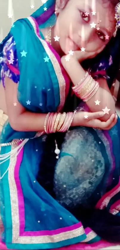 Young girl in vibrant traditional attire with star effects.