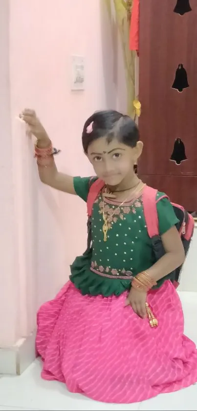 Child in traditional attire with green top and pink skirt, sitting indoors.