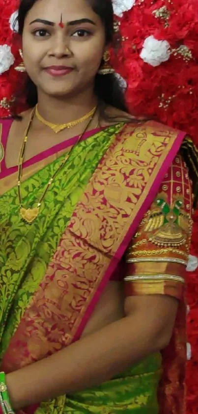 A woman in a colorful traditional saree with intricate designs.