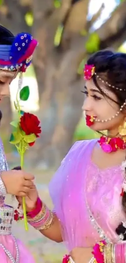Two individuals in vibrant traditional attire holding a rose.