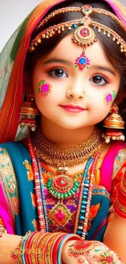 Child in colorful traditional attire, vibrant digital art.