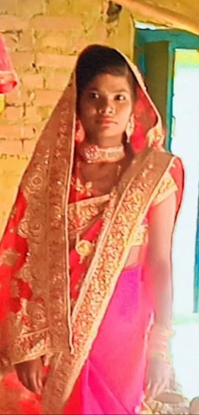 Woman in ornate red traditional attire in rustic setting.