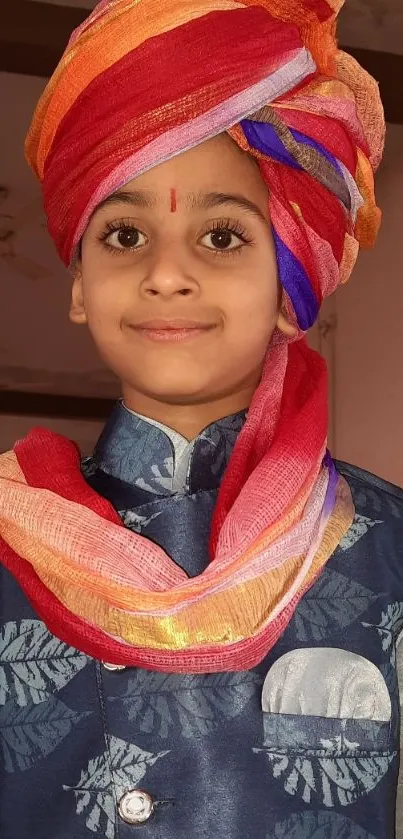 Child in colorful traditional attire with a vibrant turban.