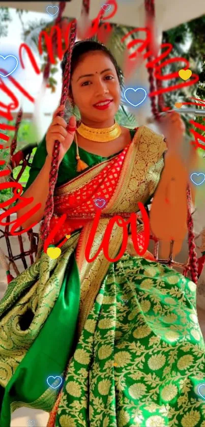 Woman in vibrant traditional attire with colorful hearts.