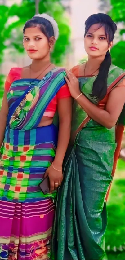 Two women in colorful saris, standing outdoors with vibrant green background.