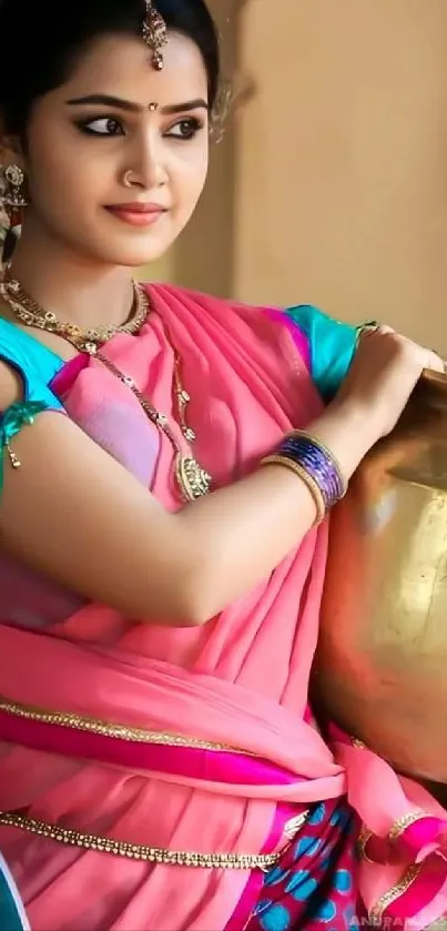 Woman in vibrant pink saree holding a pot, showcasing traditional elegance.