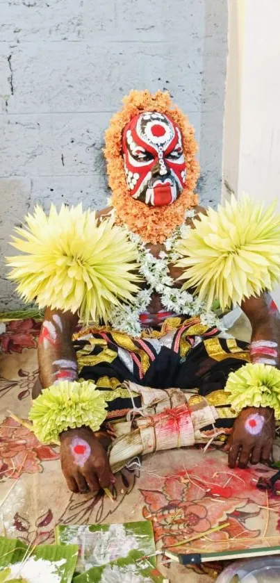 Vibrant traditional body paint with floral decorations on a seated figure.