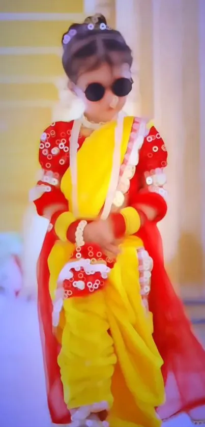 Child in colorful traditional attire with sunglasses.