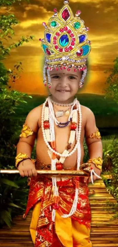 Vibrant child in traditional costume on scenic wallpaper.