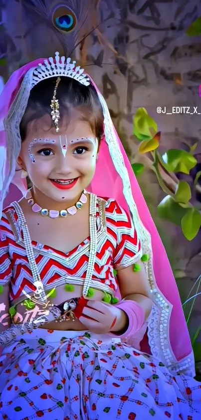 Child in colorful traditional attire with a joyful smile.