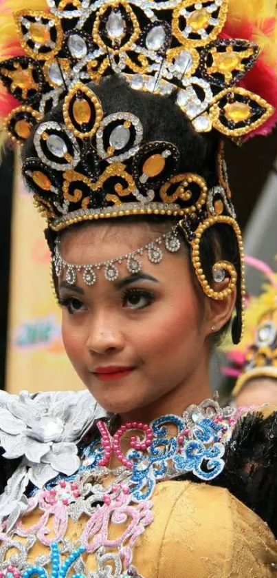 Traditional costume with ornate headpiece vibrant wallpaper.