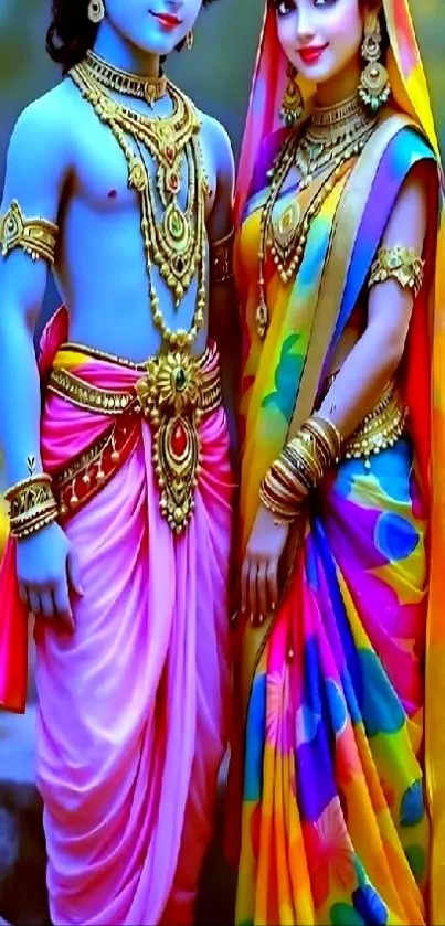 Vibrant traditional couple in colorful attire