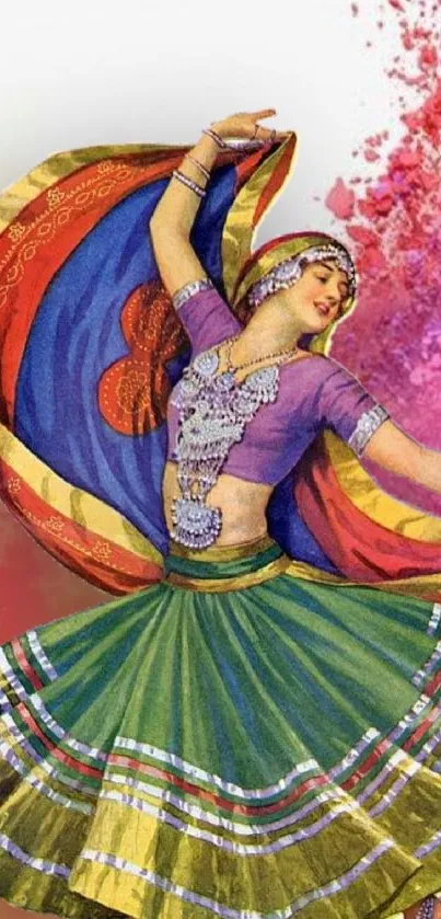 Colorful traditional dance art mobile wallpaper with vibrant attire and dynamic pose.