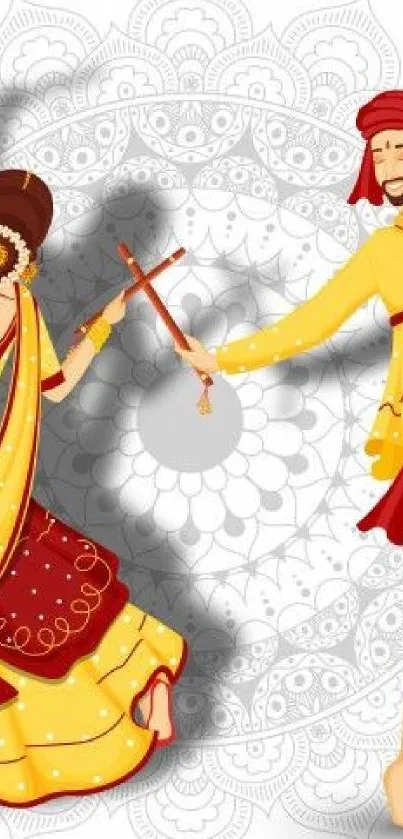 Illustration of two people dancing in colorful traditional attire with a mandala background.