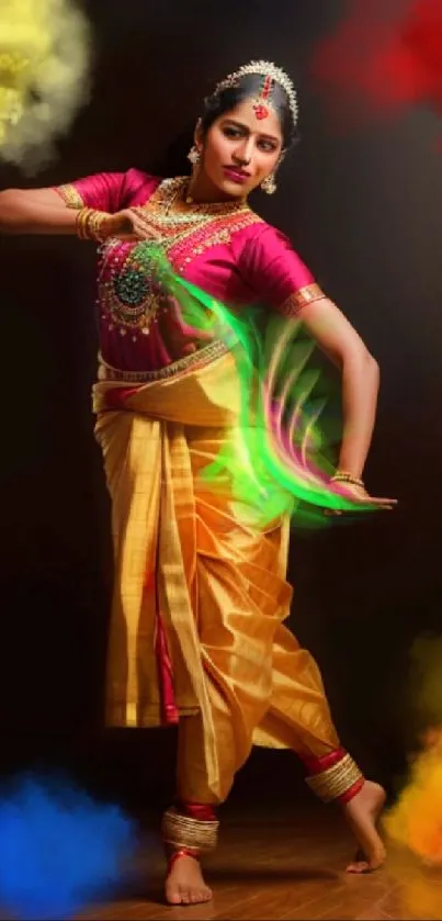 Traditional dancer with colorful smoke on dark background wallpaper.