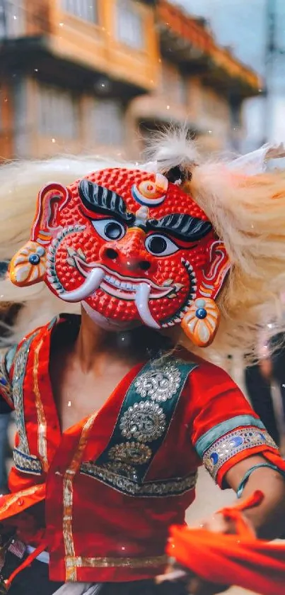 Vibrant traditional mask dancer in motion.