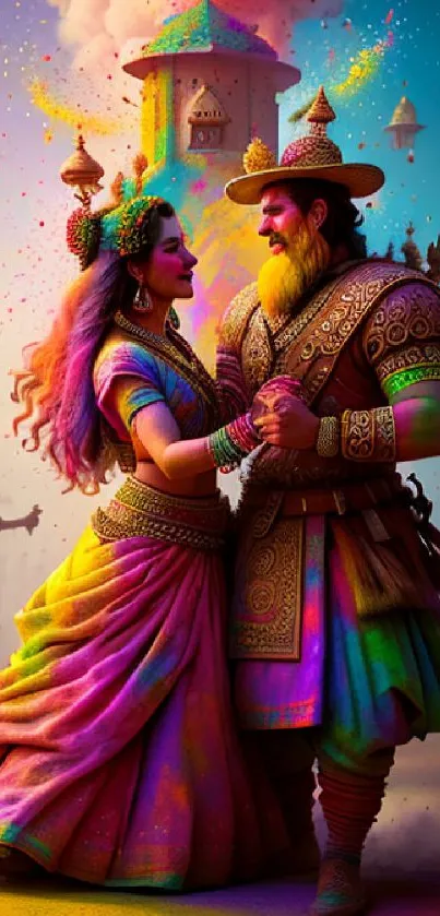 Colorful and vibrant traditional dance scene at a festive celebration.