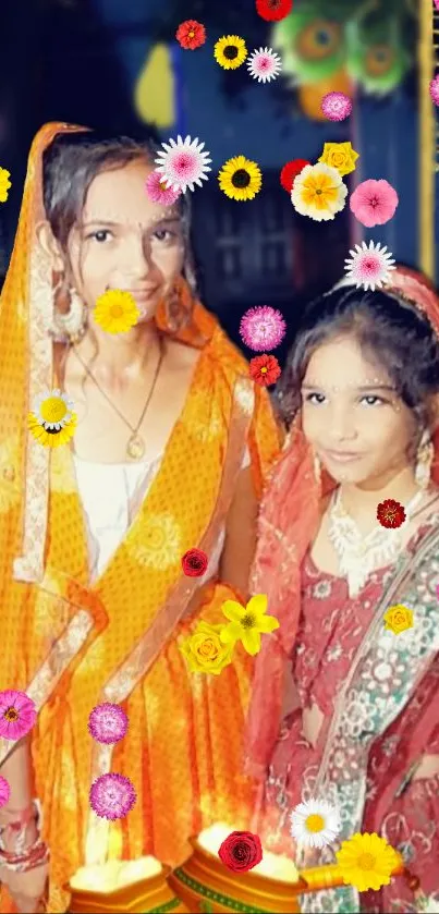 Two children in colorful traditional Indian attire with a vibrant floral design.