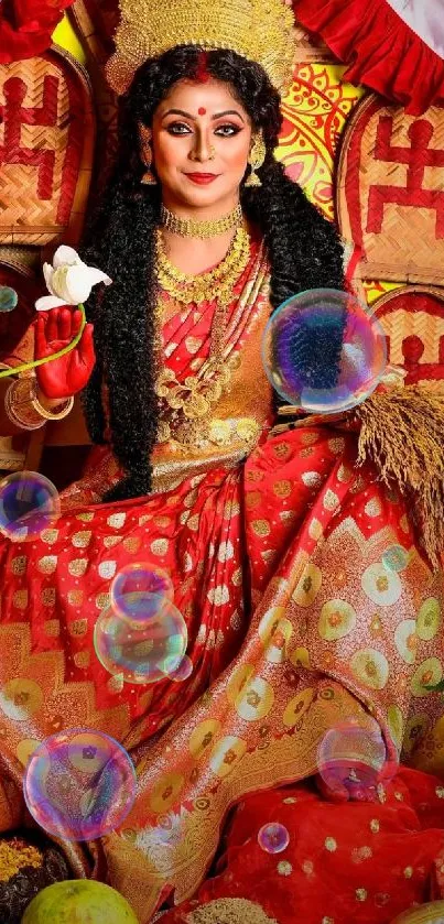 Vibrant traditional Indian festive portrait with colorful elements and cultural attire.