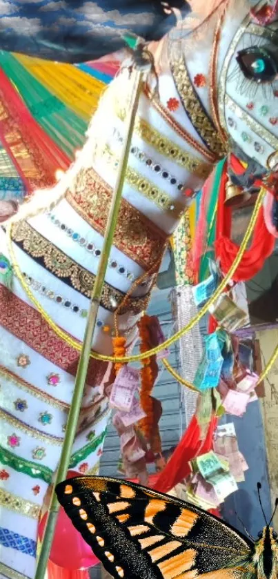 Traditional horse adorned with colorful fabrics and butterfly.