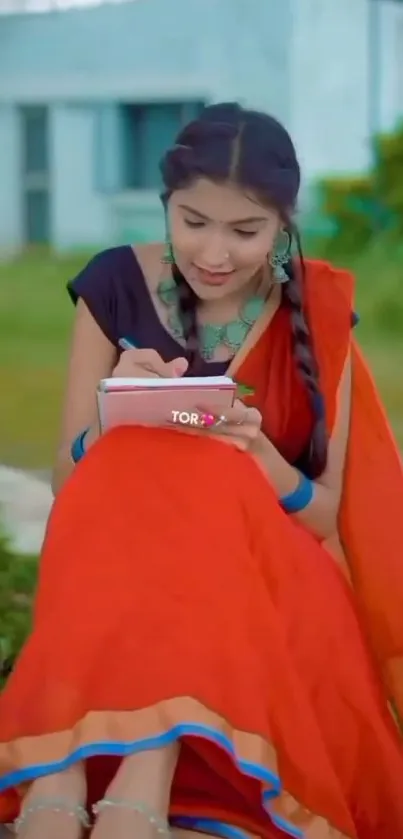 Woman in vibrant traditional dress writing outdoors.