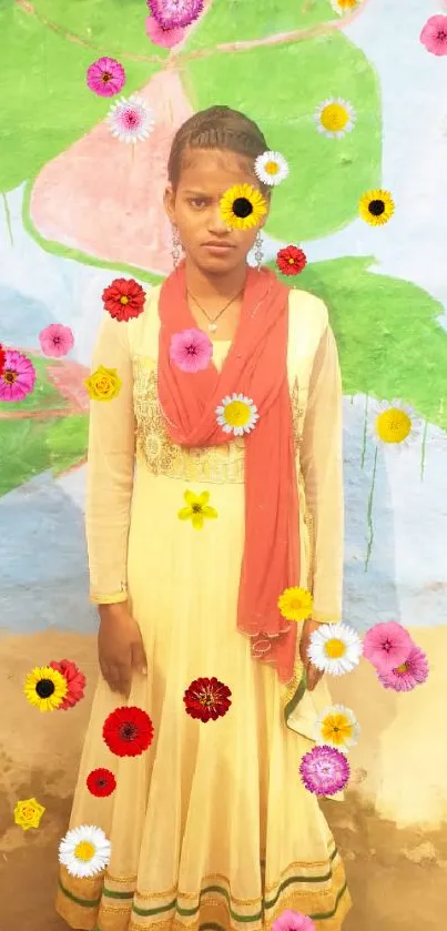 Traditional attire portrait with colorful mural background.