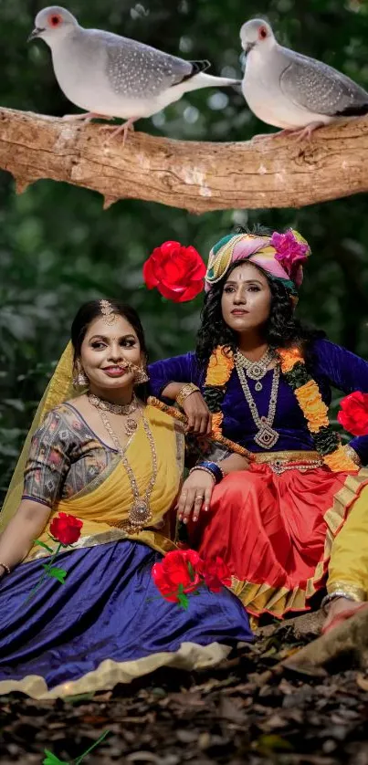 Two women in traditional attire with roses in a forest, accompanied by doves.