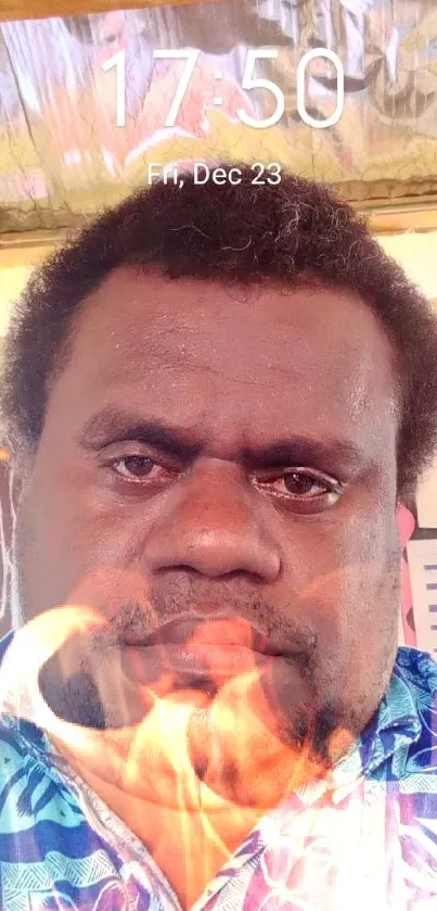 Man wearing a blue traditional shirt with a colorful background.