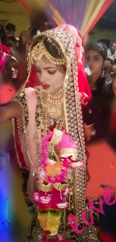 Indian bride in traditional attire with vibrant colors.