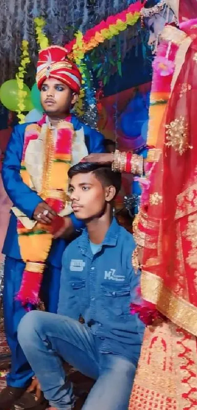 Traditional wedding with colorful attire and decorations.