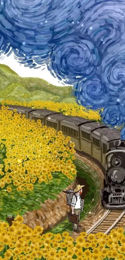 Artistic wallpaper of a train in a sunflower field with swirling blue sky.