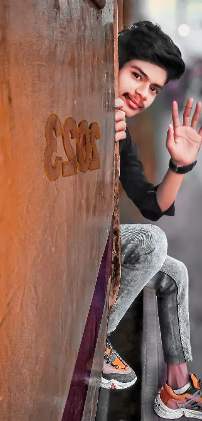 Young man waving from a train carriage in an urban setting.