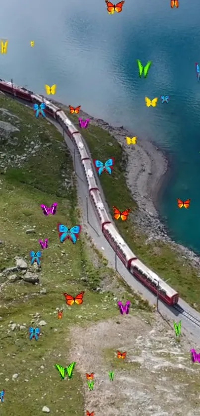 A colorful train with butterflies on a scenic teal blue background.